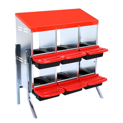 GarveeHome 2-Tier Chicken Nesting Box, 6 Compartment Metal Chicken Laying Boxes with Waterproof Roof ＆ Removable Trays for Hens, Poultry，Easy Egg Collection - color: Red, size: 6 holes with legs
