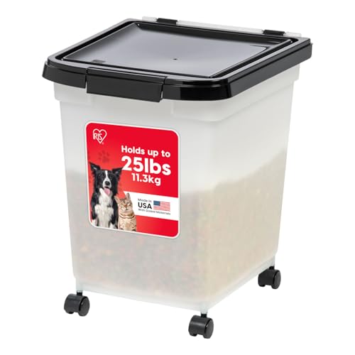 IRIS USA 25 Lbs / 32.5 Qt WeatherPro Airtight Pet Food Storage Container with Removable Casters, for Dog Cat Bird and Other Pet Food Storage Bin, Keep Fresh, Translucent Body, Pearl/Black - color: Pearl/Black, size: 25 lbs