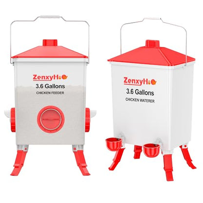 ZenxyHoC 3.6 Gal Chicken Feeder and Waterer Set with Anti-Roost Cone, 3 Height Adjustable Locking Legs for Backyard Flock