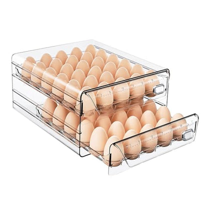 HIYOHIYO Clear 60 Grid Egg Organizer for Refrigerator with Drawers, 2-Tier | Large Capacity with Time Scale Marking | Sturdy Egg Storage for Fridge | Stackable Eggs Container for Fridge and Countertop - size: 60 Grids-2 Layer