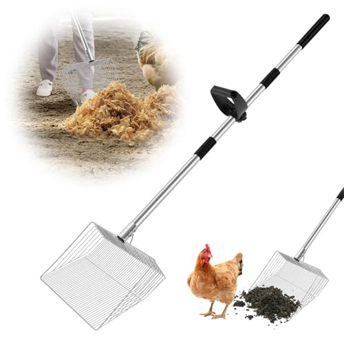 15-inch Large Chicken Poop Scooper with Ergonomic Grip, 4 in 1 Adjustable Chicken Coop Pooper Shovel (24 to 70"), Sifting Litter Shovel for Chicken Coop/Goat Stall/Stable Cleaning