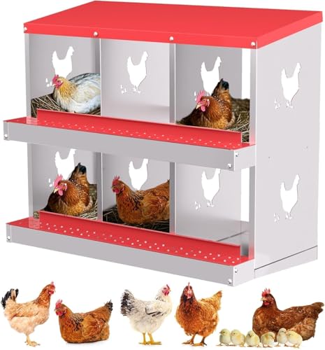 Metal Chicken Nesting Box, 6 Compartments, Rollout Egg Collection, Large Vented Holes, Perch Included, Wall Mount or Free Standing Laying Box for Hens and Chickens - Red - color: Red, size: 6 Holes