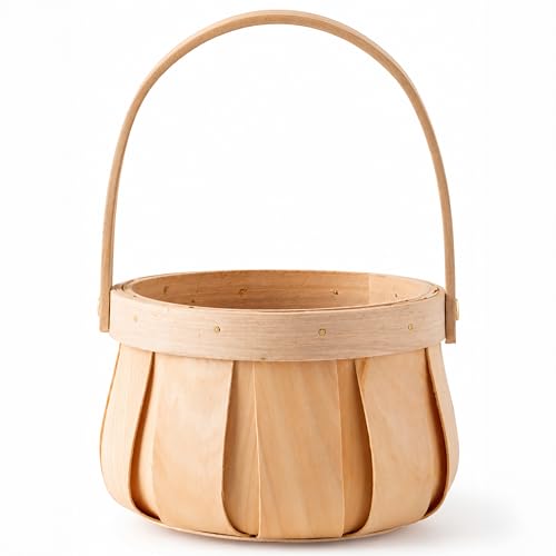 Small Round Natural Woodchip Wooden Decorative Storage Basket with Handle - size: 5.5" Dia x 3.85" H