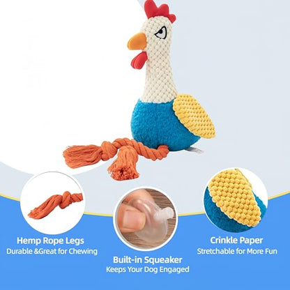 Plush Chicken Dog Toy with Squeaker, Interactive Rope Legs, Colorful Textured Rooster Chew Toy for Small, Medium Dogs, Tug-of-War, Fetch - color: Blue Rooster