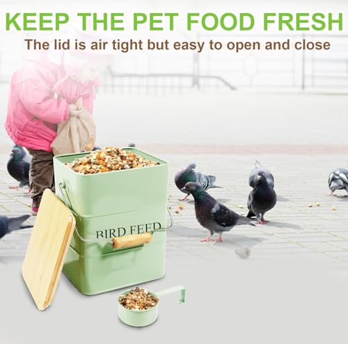 Metal Bird Seeds storage container,Outdoor Bird Container Canister, Pet Food Bin with Wooden Lid/Handle/Food scoop,hold 5-6 Lbs of Wild Bird Seed Sunflower Seed-Preventing Squirrels-Green