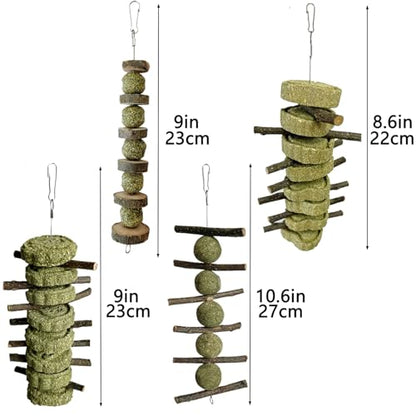 LWINGFLYER 4 Pack Bunny Chew Toys Apple Wood Chews Rabbit Cage Hanging Grass Cake Snack Treat for Teeth Grinding Improve Small Pet Guinea Pigs Chinchillas Hamsters Parrots Dental Health