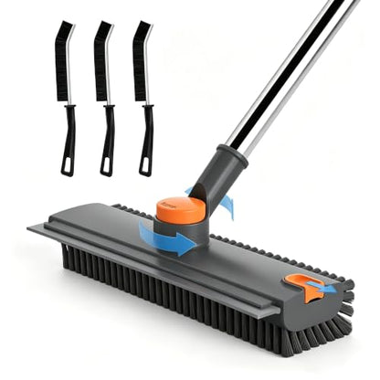 Floor Scrub Brush with Long Handle, 3 in 1 Floor Scrubber, Heavy Duty Stiff Bristle Squeegee Broom for Cleaning Shower Bathroom, Tile, Patio, Pool, Garage, Kitchen and Deck, Grey