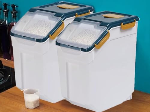 Saim 50 lbs Rice & Flour Storage Container 2 Pack Airtight BPA-Free Plastic Dispenser Bin with Wheels, Locking Lid, Measuring Cup & Scoop for Dry Food, Sugar, Baking Supplies, Grain Holder (Dark Blue) - color: 2Pack 50lbs Dark Blue