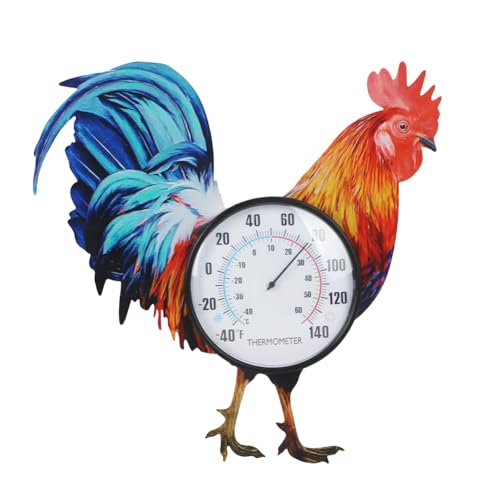 15" Rooster Outdoor Thermometer, Metal Indoor Wall Thermometer, Outside Thermometer with Large Number for Patio Home Room Decor - color: Red Rooster