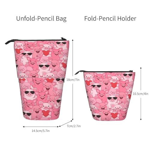 Funny Pink Pig Standing Pencil Case Cute Telescopic Stationary Pouch with Zipper Large Capacity Stand up Pen Bag Portable Makeup Holder for School Office Supplies - color: Pig