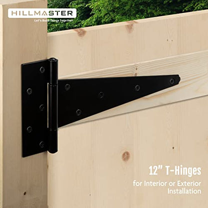 HILLMASTER 12 Inch T-Strap Heavy Duty Shed Door Hinges Gate Strap Hinges Black Tee Hinge Wrought Hardware for Wooden Fences,Yard,Barn Door,Rustproof (2 Pack) - size: 12in 2 Pack