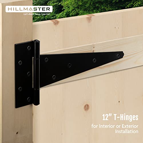 HILLMASTER 12 Inch T-Strap Heavy Duty Shed Door Hinges Gate Strap Hinges Black Tee Hinge Wrought Hardware for Wooden Fences,Yard,Barn Door,Rustproof (6 Pack) - size: 12in 6Pack