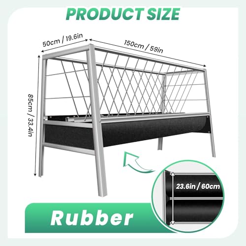 77 Gallon Heavy-Duty Stainless Steel Hay Feeder 59" x 19.6", 2 in 1 Silvery Goat Hay Feeder with 22 Gallon Black Feeding Pan, Easy to Assemble Pasture Hay Rack for Outdoor Farm, Horse Farm, Livestock