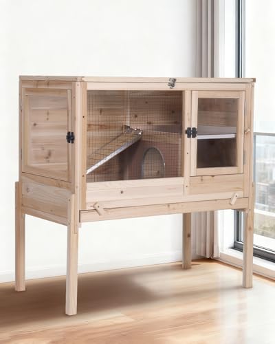 Wooden Guinea Pig Cages Indoor with Plastic Floor and Pull Out Tray, Two-Story Rabbit Cage with Anti-Chewing Ramp, Bunny Hutch with Detachable Stand, Small Animals Cage Habitat (Nature) - color: Nature