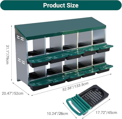 Chicken Nesting Boxes,10 Compartment Nesting Boxes for Laying Egg,Wall Mount Poultry Roll Away Chicken Laying Boxes,Easy Egg Collection,Cleanable Pull Out Hen Roosting Boxes - color: Green