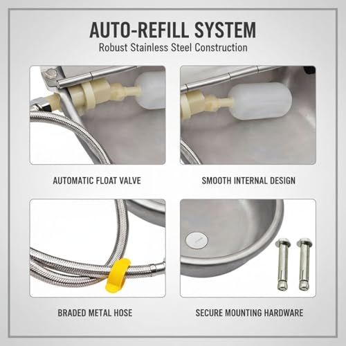 Livestock Water Trough, 304 Stainless Steel, Automatic Refill with Float Ball, Adjustable Water Level, for Cows, Horses, Sheep, Goats, Dogs, 10.6 x 7.3 in