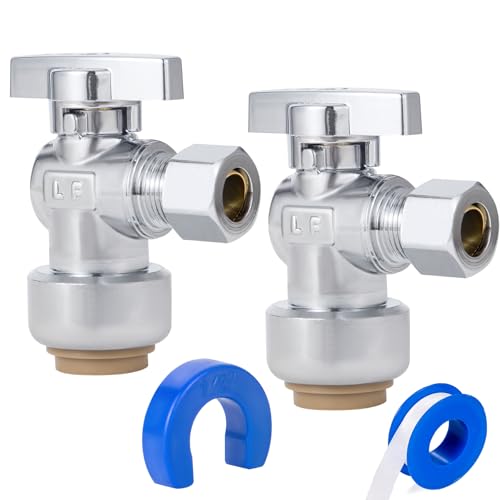 Angle Stop Valve, PushFit Angle Stop Valve,Angle Water Shut Off Valve 1/2 x 3/8 Inch Compression, Toilet Water Valve, 1/4 Turn, No Lead Brass Push to Connect Plumbing Fitting（2PCS） - size: 2 Pack 1/2" x 3/8" Compression