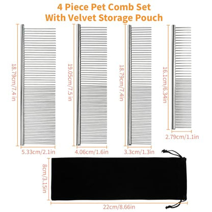 Dog Combs for Grooming Matting, 4 Pack Metal Cat Comb for Removing Tangles and Knots, Professional Dematting Tool for Pet Cats, Greyhound, Poodle, Doodle