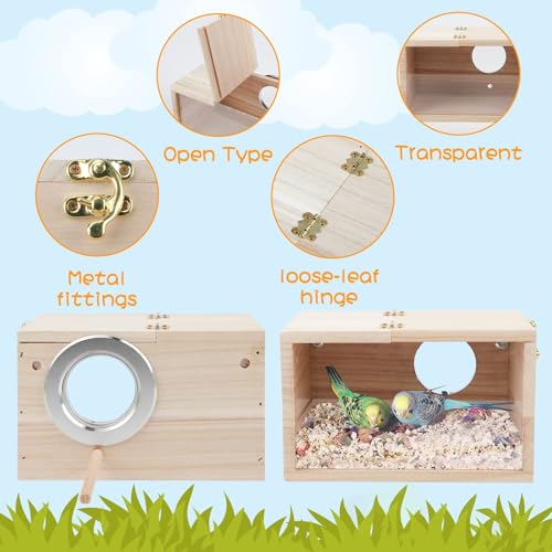 Rypet Parakeet Nesting Box Transparent Design, Thwartwise Bird Nest Breeding Box with Perch Wood Bird Cage House for Cockatiel Lovebirds Budgie Finch Parrotlets Canary XL - size: X-Large