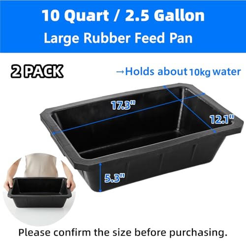 Cididu 2 Pack Rubber Feeder Pan, 10 Quart Large Horse Trough Feeder Bucket, Heavy Duty 2.5 Gallon Chicken Dust Bath Tub Water Bowl for Pig Goat Dog Cat Farm Livestock Animal Feeding, Rectangular