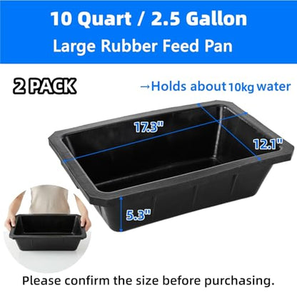 Cididu 2 Pack Rubber Feeder Pan, 10 Quart Large Horse Trough Feeder Bucket, Heavy Duty 2.5 Gallon Chicken Dust Bath Tub Water Bowl for Pig Goat Dog Cat Farm Livestock Animal Feeding, Rectangular