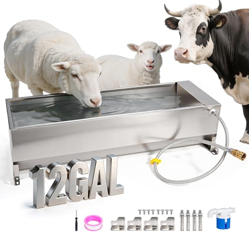 12Gal Automatic Livestock Water Trough, Stainless Steel Auto Dog Water Bowl Dispenser with Float Valve Kit, Self Filling Livestock Waterer Outdoor Extra Large Bowl for Dog Horse Goat Cow - size: 12 Gal