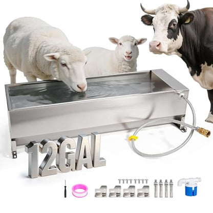 12Gal Automatic Livestock Water Trough, Stainless Steel Auto Dog Water Bowl Dispenser with Float Valve Kit, Self Filling Livestock Waterer Outdoor Extra Large Bowl for Dog Horse Goat Cow - size: 12 Gal