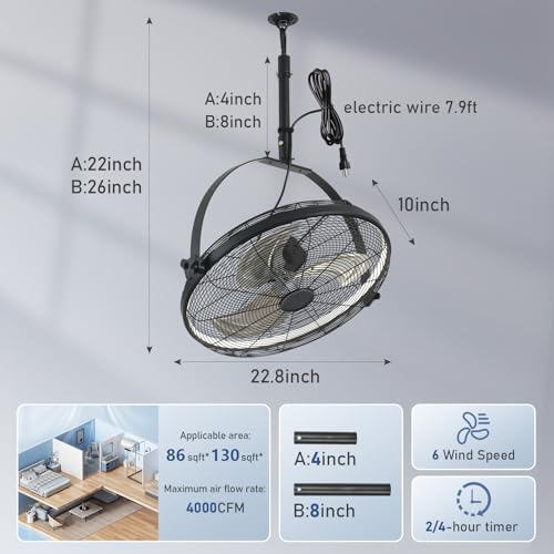 AHAWILL 22.8" Outdoor Hanging Ceiling Fan with Light - 360 Rotatable Fixed Angle,Plug-in,3CCT Dimmable,6 Speeds,Timer & Reversible,2-in-1 Hanging/Standing,Ideal for Gazebos,Patios,Tool Room,Garage. - size: 23inch-with light