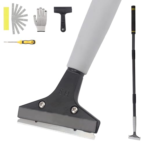 Floor Scraper Tool, Floor Scraper Long Handle Heavy-duty 16-47" Comes with 10 Metal Blades Suitable for Cleaning Floors Windows and Wall Labels Soft Sponge Handle
