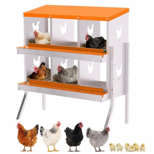 Chicken Nesting Boxes, 6 Compartment Metal Stainless Steel Chicken Laying Boxes with Legs, Easy to Clean and Install, 2-in-1 Wall/Floor Standing, for Hens Outdoor Chicken Coop Farm Yard, Orange - color: Orange, size: 6 holes with legs