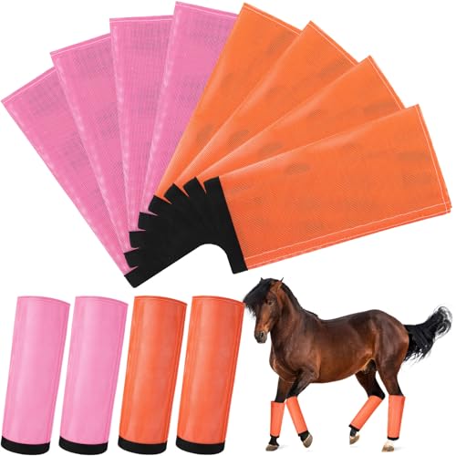 Set of 8 Mesh Fly Boots for Horse Breathable Mesh Horse Boots Protective Loose Wraps Adjustable for Preventing Legs Reduces Flies and Mosquitoes Bites(Orange, Pink,M) - color: Orange, Pink, size: M