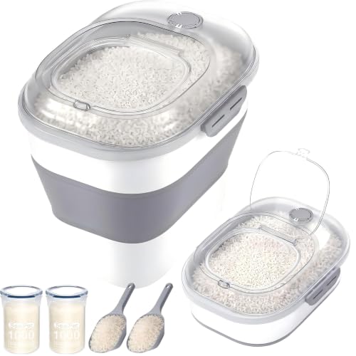 50 Lbs Rice Storage Container with Wheels, Collapsible Airtight Dog Food Storage Container with Transparent Lid, Measuring Cup, Scoop, Handle, BPA Free Rice Holder for Pet Food, Grain, Bird Seed - color: Grey/50lbs