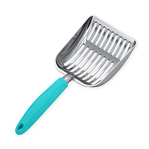 WePet Cat Litter Scoop, Aluminum Alloy Sifter, Kitty Metal Scooper, Deep Shovel, Long Handle, Poop Sifting, Kitten Pooper Lifter, Durable, Heavy Duty, for Litter Box - color: POLISHED Aluminum \ #02 Turkish Blue Handle, size: Small
