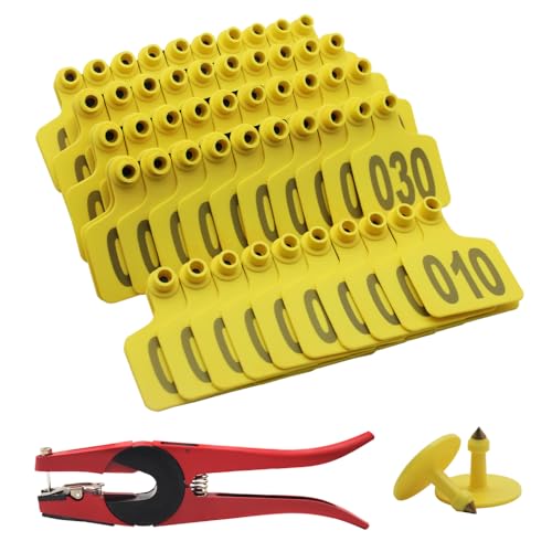 Cattle Ear Tag & Tagging Plier Kit Number 001-100 100pcs Plastic Livestock Animal Identification Tags for Cow Sheep Goat Hogs(Yellow) - color: Yellow
