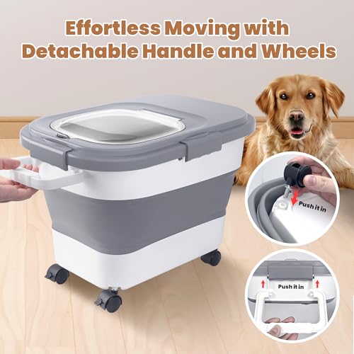 15-23 Lbs Airtight Dog Food Storage Container,Collapsible Dog Food Container with Lid,Wheels,Handle,Large Cat food storage Container with Scoop,Small Food Container for Dog Cat - color: Grey/23 LBS