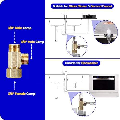 Add-A-Tee, Lead-Free Angle Stop Valve 3/8" Compression Inlet x 3/8" Outlet, Brass Extender Tee Connector with Built-in Sealing Gasket for Faucet, Glass Rinser, Dishwasher, Toilet Tank - size: 3/8 Comp-3/8 Comp-3/8 Comp Tee(1Pcs)