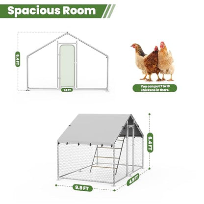 Large Chicken Coop with Roosting Perch, Waterproof and UV-Resistant Cover,10’ W x 4.9’ L x 6.4’H Metal Chicken Run Outdoor Walk-in Cage Rabbit Hen House Duck for Yard Farm, Spire Roof - size: 59.9"L x 118.0"W x 78.0"H
