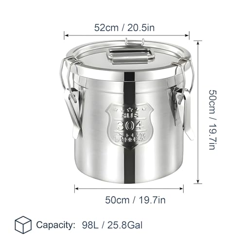 304 Stainless Steel Airtight Storage Bucket with Lid, Food Grade Sealed Canister for Kitchen, Rice, Flour, Grain, Pet Food, Waterproof Camping Storage Container(98L/25.8Gal) - size: 98L/25.8Gal