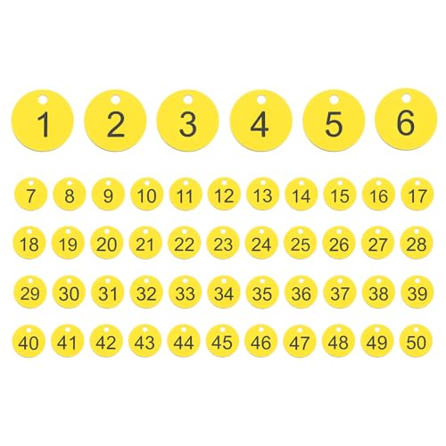 PATIKIL 50PCS Number Tags 1-50, Number Key Tags Plastic Numbered Keychain for Organizer Field Sales Hangers Clothes Labels ID, Yellow-Black - color: Yellow Black