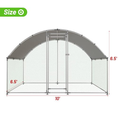NUGRIART Large Metal Chicken Coop Walk-in Poultry Cage with Water-Resident and Anti-UV Cover Duck Rabbit Cat House Outdoor Chicken Run Pen with Round Roof - size: 6.5’L×10’W×6.5’H