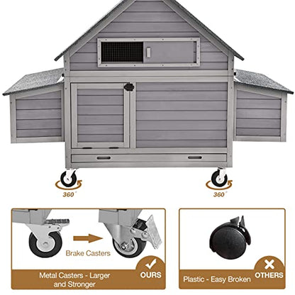 GUTINNEEN Chicken Coop Poultry Cage on Wheels Outdoor Duck Coop Wooden Hen House with Large Nesting Box, Movable