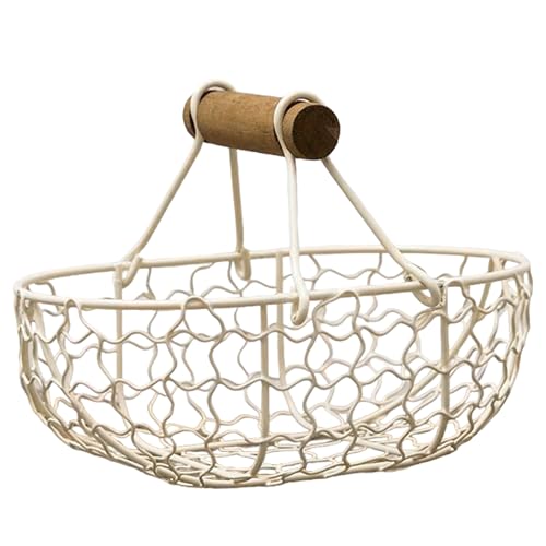 Wire Egg Collecting Basket: Small Egg Basket for Gathering Fresh Eggs, Bread, Fruit, Vegetable, Fresh Egg Holder Countertop with Handle, Vintage Decorative Farmhouse Collection (White) - color: White