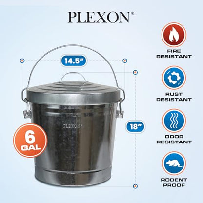 Plexon 6 Gallon Small Metal Trash Can with Lid Outdoor Locking Galvanized Metal Garbage Can with Lid for Poultry Feed Bird Seed Storage Ash Galvanized Bucket - size: 6-Gallon