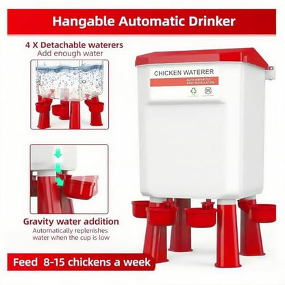 Automatic Chicken Feeder and Waterer Set(4 Buckets/2-3 gallons), 18 Pounds No Waste, Rain Proof Poultry Feeder, Avoid Small Animals, Suitable for Chicken, Duck, Turkey(Red Color)
