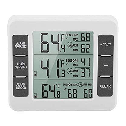 Digital Indoor Outdoor Temperature Monitor with LCD Display, Refrigerator Thermometer, Min Max Record, Alarm Function