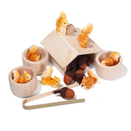 Sorting Stacking Wooden Toys for Toddlers, Squirrel Montessori Toys Toddler Sensory Bin Tool Toy, Wood Squirrel Toy House Fine Motor Skill Early Learning Educational Gift for Kids - style: Squirrel Toys
