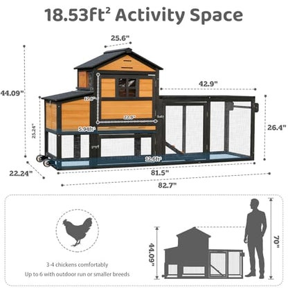 Chicken Coop with Wheels for 4-6 Chickens, Mobile Hen House with Run, Outdoor Chicken Coop, Ventilated Window, Easy-Clean Nesting Box, Weatherproof Asphalt Roof, 82.7” L x 25.6” W x 44.1” H, Brown - color: Brown