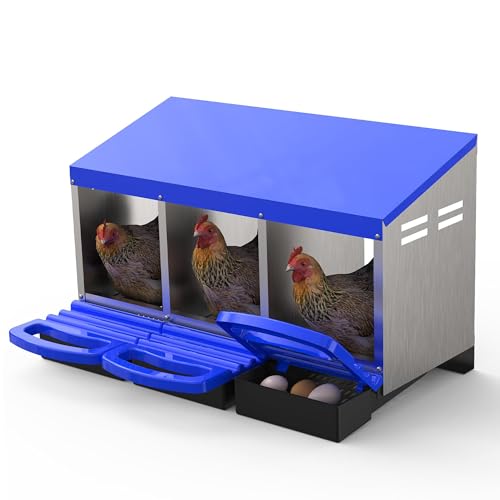 Metal Chicken Nesting Box with Easy-Collect Tray & Lid – 3/4/2x2 Compartment Heavy Duty Roll Away Nesting Boxes for Chickens, Wall Mount or Freestanding, Galvanized Steel Hen Laying Box for Coop - color: Blue, size: 30.7"L x 20.1"W x 20.1"H