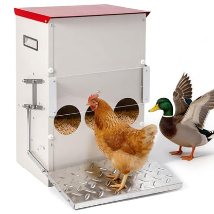 25LB Automatic Chicken Feeder No Waste Metal Gravity Poultry Feeder Treadle Feeder 3 Feeding Ports with Lid, Weatherproof Galvanized Chicken Food Dispenser for Ducks, Goose, Turkey