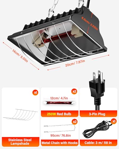 Chicken Coop Heater 2-Pack, 175W & 250W Dual-Mode Heat Lamp for Chickens with 3M Cord, Adjustable Hanging Height Brooder Heater for Ducks, Calves, Poultry and Livestock Pets Warmer in Winter